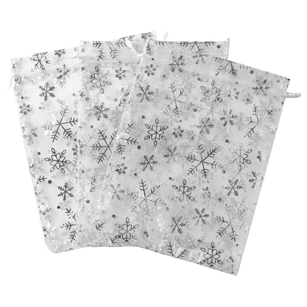 SUNGULF 50Pcs 8x12 Inches Sheer Organza Drawstring Pouches Christmas Jewelry Candy Wedding Favor Party Gift Bags (White Snowflake)