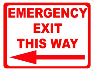 emergency exit this way with left arrow sign. 18x24 metal.