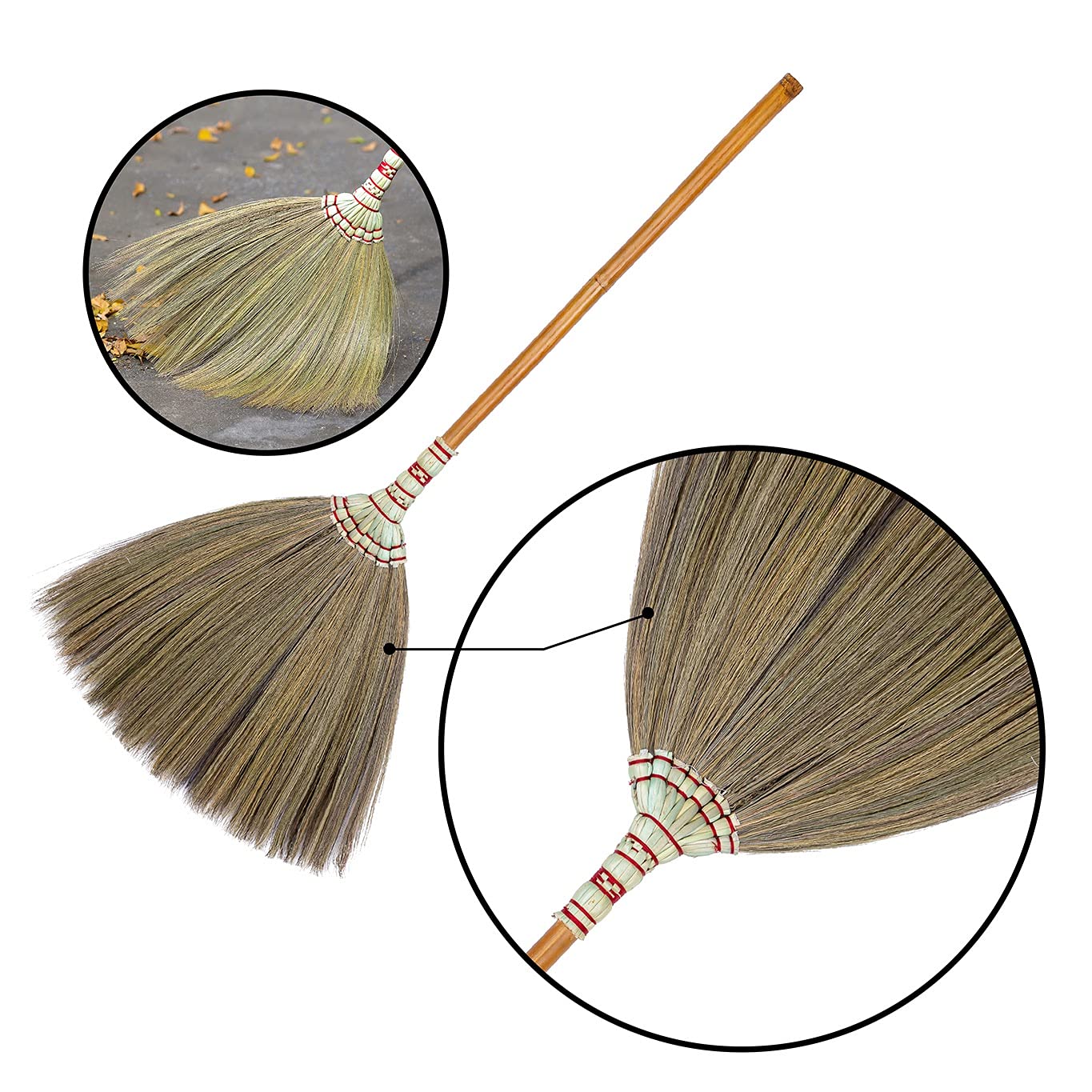 43-44 inch Tall of Asian Straw Broom Thai Natural Grass Broom Witch Broom House Broom Long Broom with Solid Wood Handle Vintage Retro Primitive Sweeping Dirt Dust Garbage