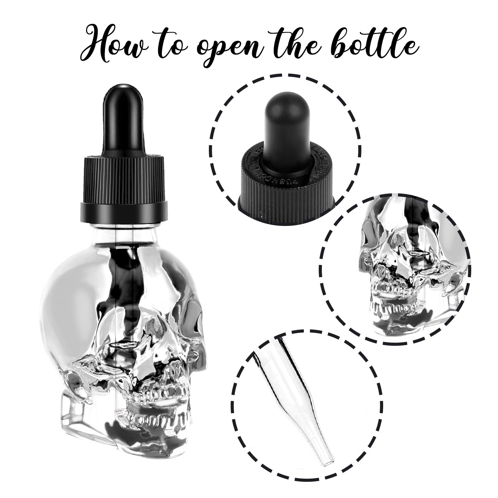 8 Pcs 1oz Skull Glass Dropper Bottles Empty Refillable Bottles Clear Skull Head Glass Bottle Liquid Bottling Dispensing Bottle with Eye Dropper Pipettes for Essential Oil/Beauty Oil Mix Dispenser,30ml