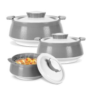 milton casserole for hot food, double walled insulated inner stainless steel hot pot with lid, serving box for food and roti, serving bowl, set of 3 (size 62, 45, 28 oz) venice, grey