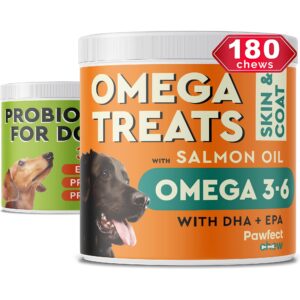 fish oil omega 3 treats for dogs + probiotics for dogs bundle - joint health + advanced allergy relief dog probiotics chews - alaskan salmon oil + digestive enzymes - 120+180 soft chews - made in usa