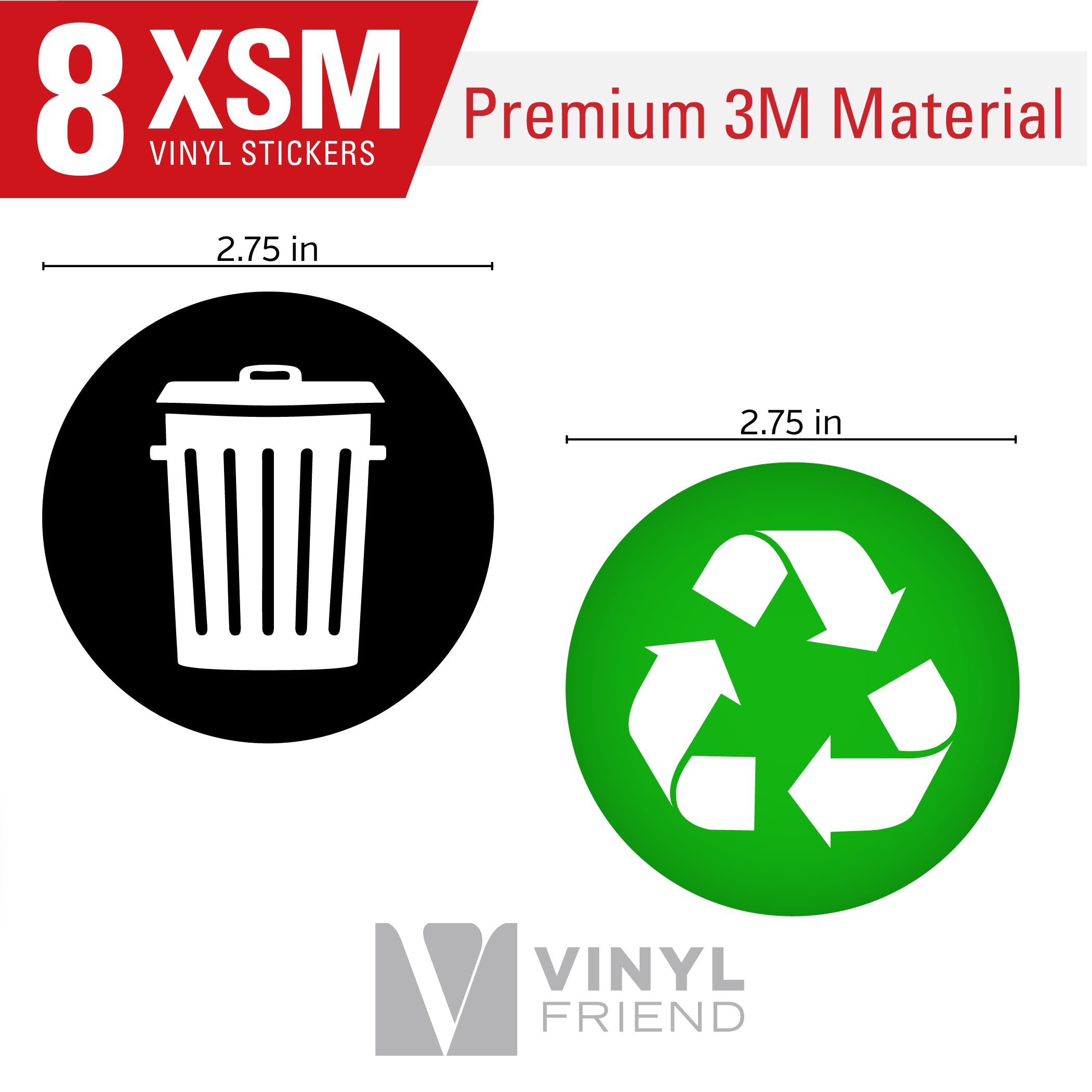 Recycle and Trash Logo Stickers 8 Pack - 2.5in Circle - for Metal or Plastic Garbage cans, and Bins - Indoor & Outdoor - Laminated and UV Protected Premium Decal (Green, XSmall)