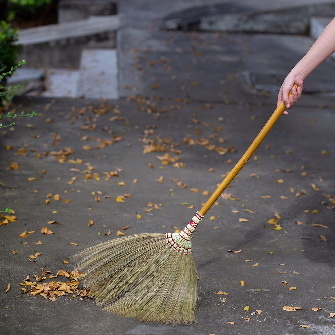 43-44 inch Tall of Asian Straw Broom Thai Natural Grass Broom Witch Broom House Broom Long Broom with Solid Wood Handle Vintage Retro Primitive Sweeping Dirt Dust Garbage