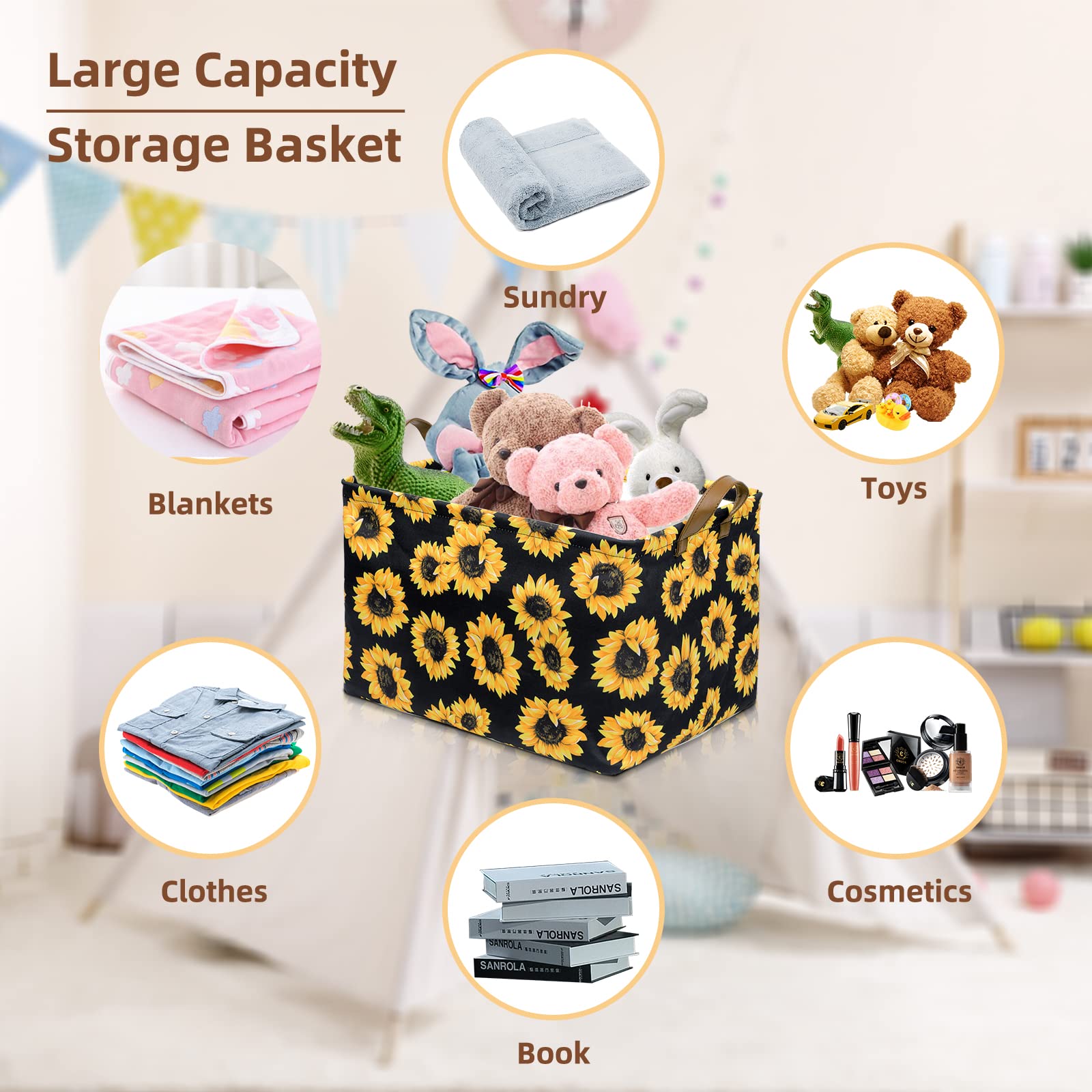 Sunflowers Storage Bin Basket Collapsible with Leather Handles Waterproof Canvas Storage Cube Box for Closet Toys Clothes Nursery Room Gift Basket