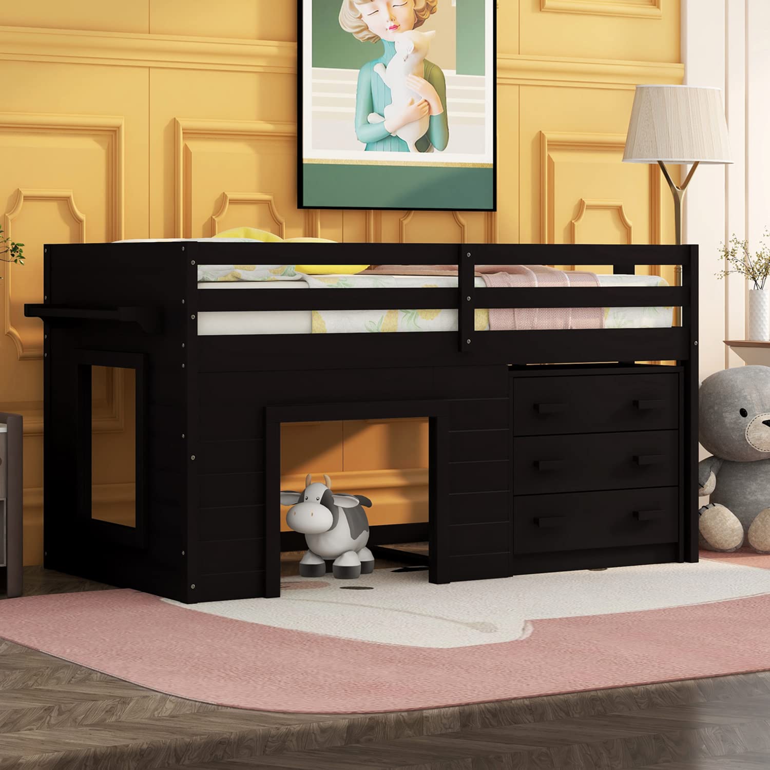 Twin Loft Beds with Storage Drawers Low Loft Bed Frame with Cabinet and Bedside Tray Wood Farmhouse Loft Bed for Kids Girls Boys Teens, Espresso