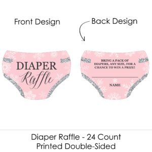 Big Dot of Happiness Pink Winter Wonderland - Diaper Shaped Raffle Ticket Inserts - Holiday Snowflake Baby Shower Activities - Diaper Raffle Game - Set of 24