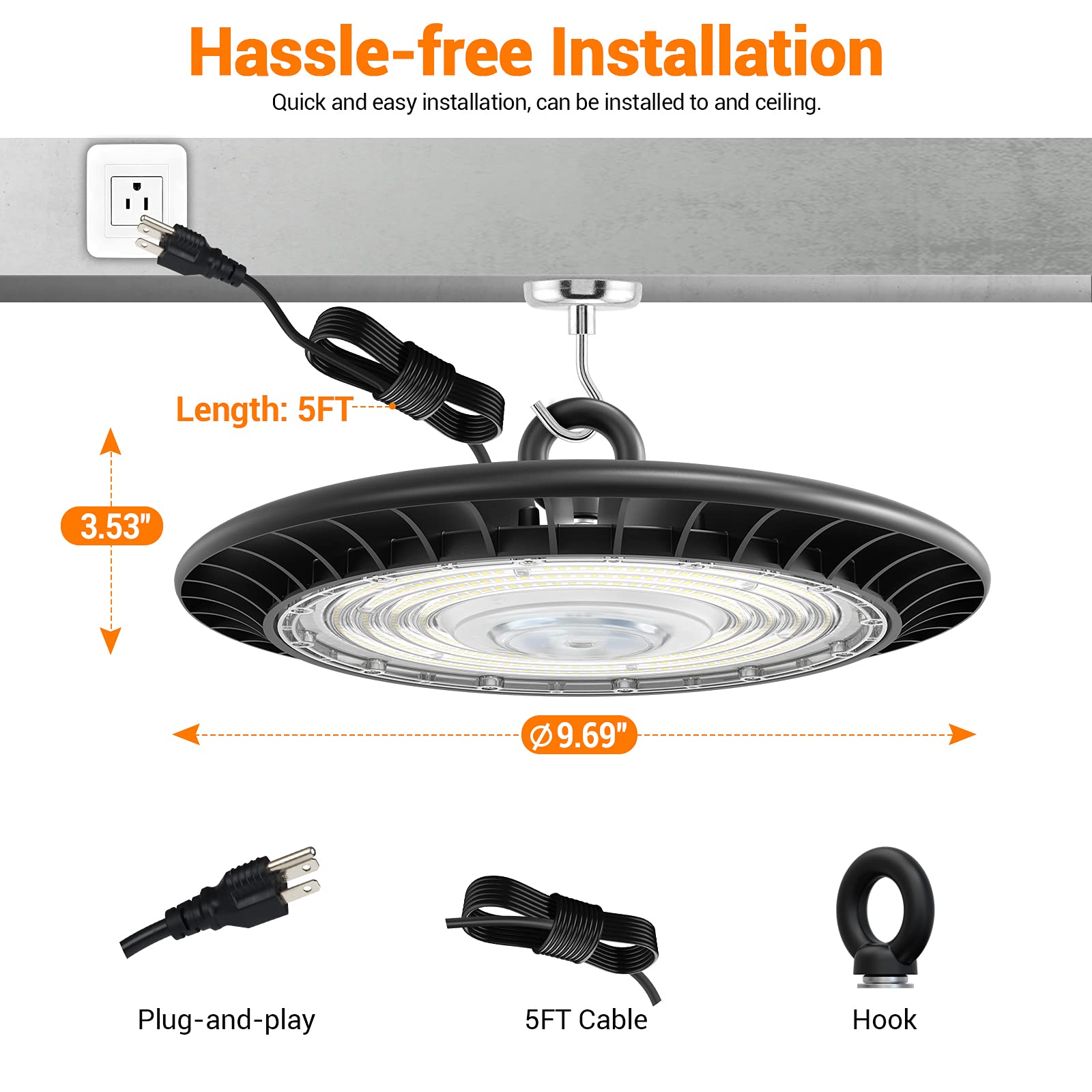 CT CAPETRONIX High Bay LED Shop Lights 2 Pcs 100W 5000K 110V 250W HID/HPS Equivalent 13,000LM, 5' Cable with 110V Plug, Hanging Hook, 120°, LED High Bay Light for Gym Garage Shop Warehouse (2Pack