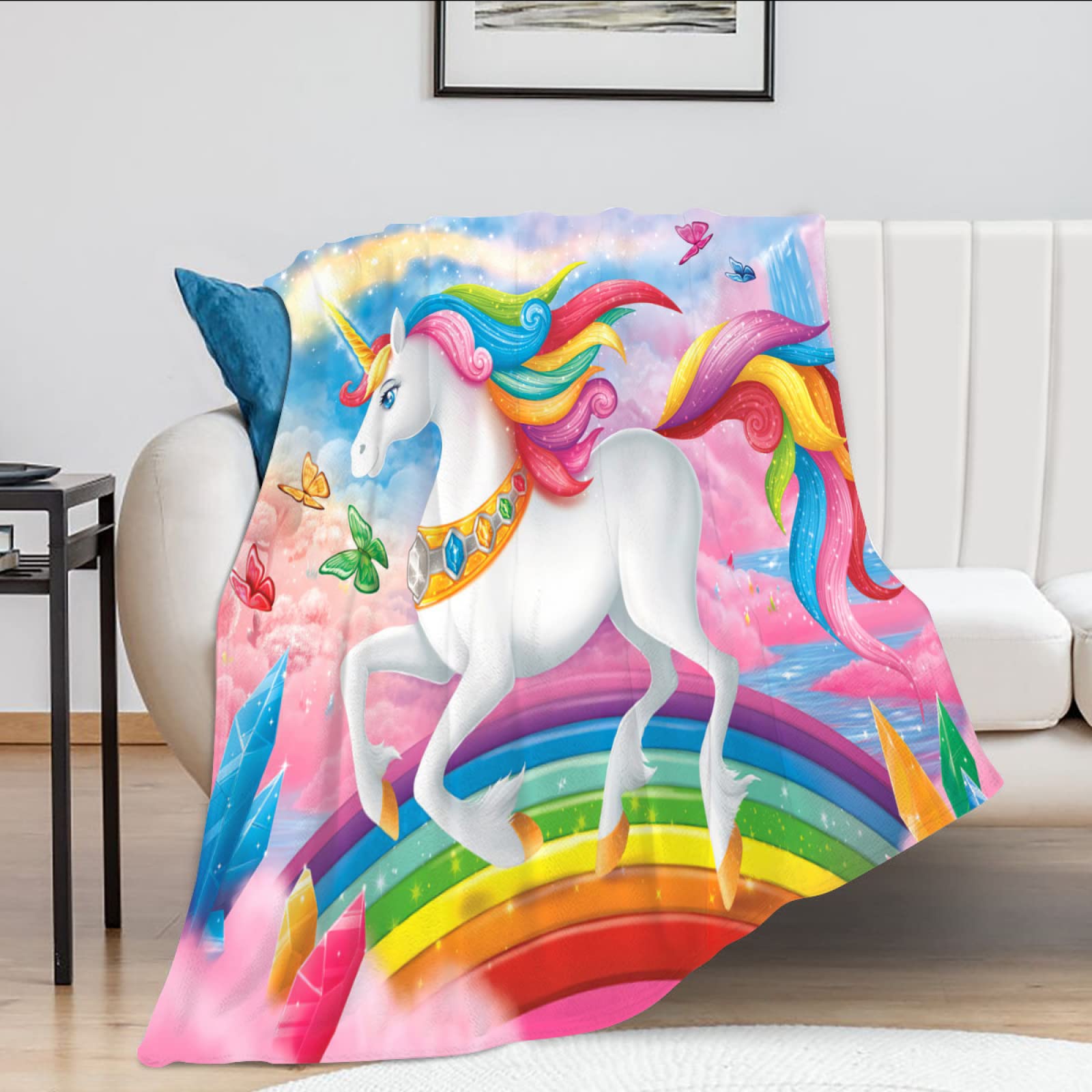 Unicorn Blanket for Girls Cute Cartoon Unicorn Rainbow Pattern Throw Blanket for Kids Unicorn Gifts Lightweight Super Warm Soft Cozy Plush Fleece Flannel Blanket for Women Birthday Gifts Pink 50"X40"