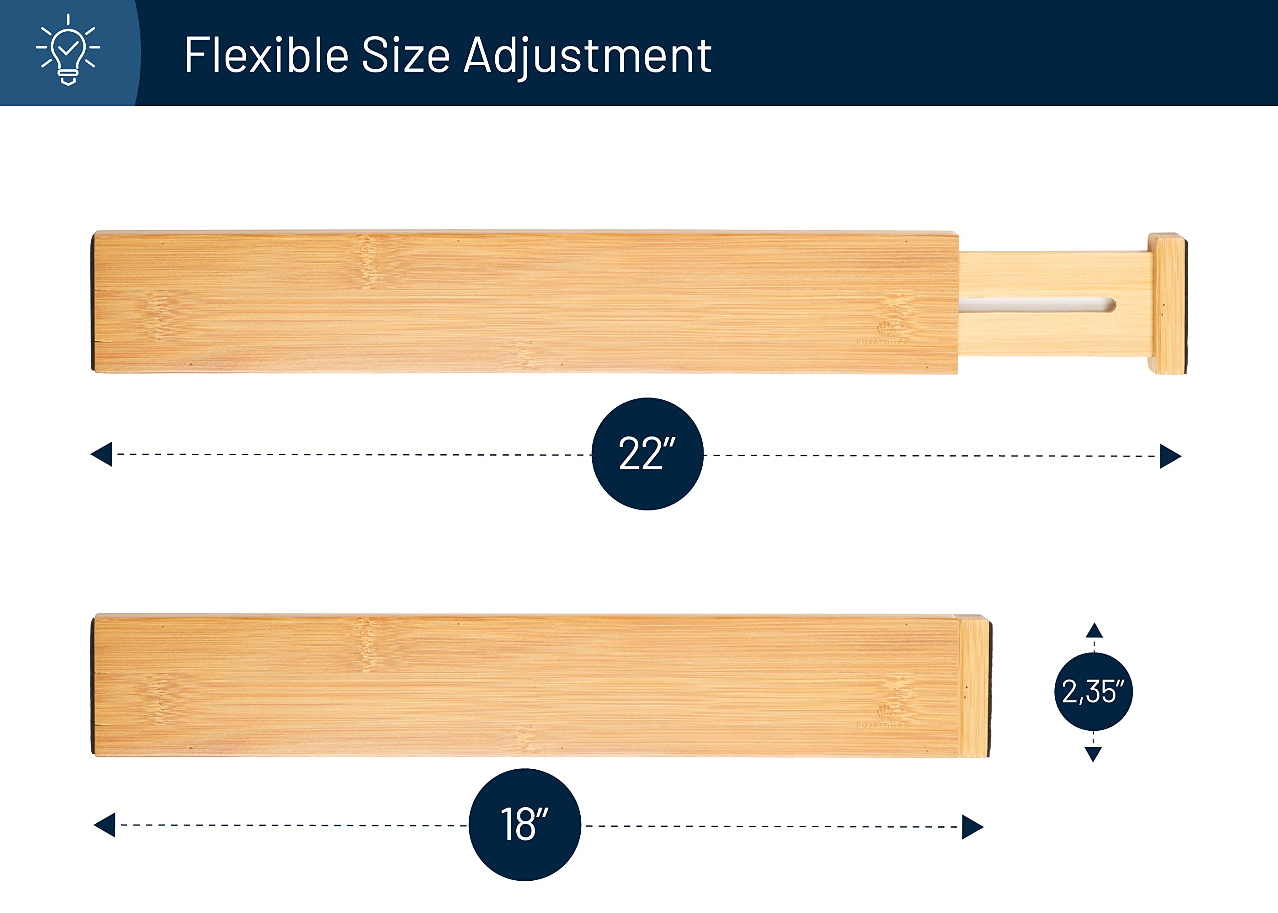 RoyalHouse Large Drawer Organizer (18" - 22") Adjustable Bamboo Drawer Dividers Organizers, Expandable Drawer Separators for your Kitchen, Bedroom, Bathroom, Dresser, Office, and More (4 pieces)