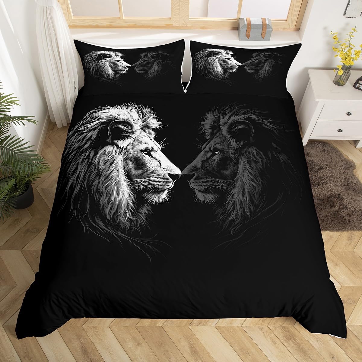 Castle Fairy Lion Bedding Set King, Wild Animal Print Duvet Cover for Bedroom Decorations, Lion Pattern Comforter Cover with 2 Pillow Shams, Soft Comfortable