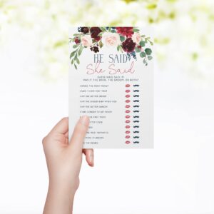 Your Main Event Prints Navy Burgundy Bridal Shower Bachelorette Games - Floral, He Said She Said, Find The Guest, Would She Rather, What's In Your Phone - 25 Games Each, Printed Front and Back, One Game Per Side