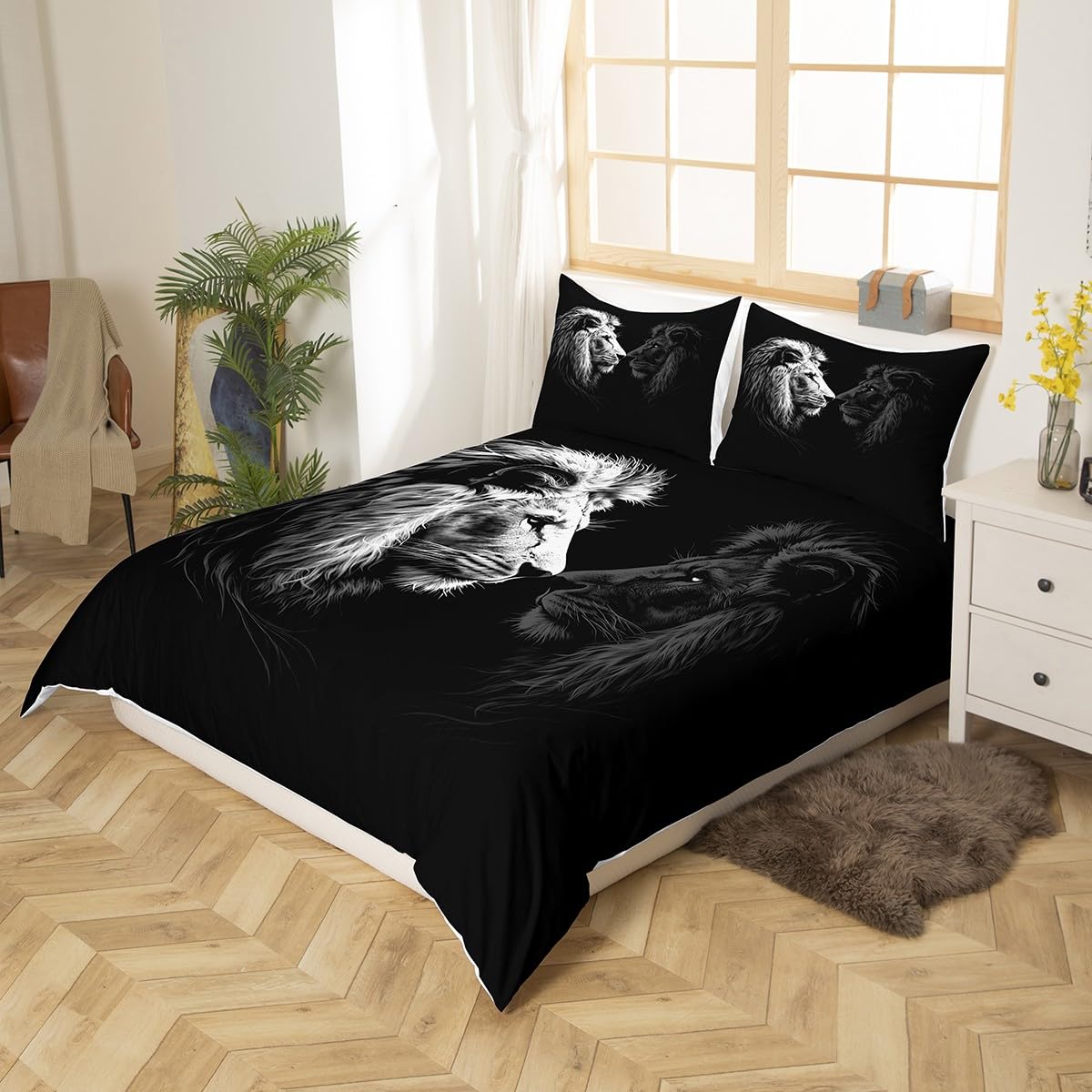 Castle Fairy Lion Bedding Set King, Wild Animal Print Duvet Cover for Bedroom Decorations, Lion Pattern Comforter Cover with 2 Pillow Shams, Soft Comfortable