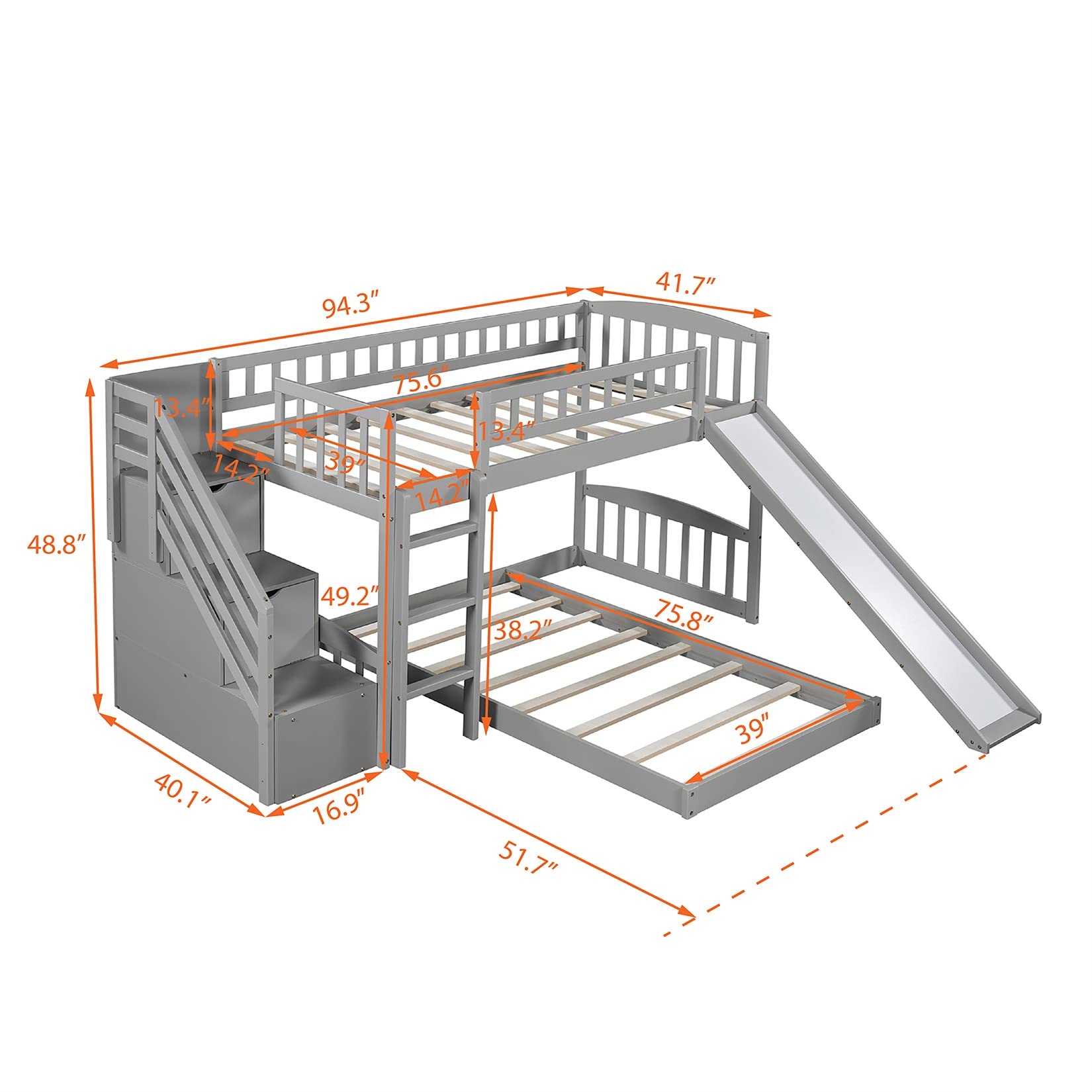 Bunk Beds with Slide Twin Over Twin Low Bunk Bed Frame with Storage Drawers Stairway Wood Bunk Bed for Kids Boys Girls, Gray