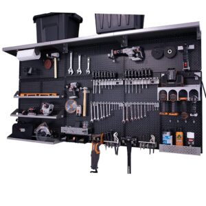 omniwall weekend warrior xl metal pegboard wall organization system (black/silver)