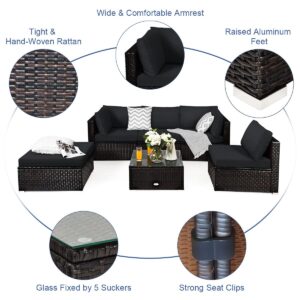 Tangkula 6 Piece Patio Furniture Set, Outdoor Deck Lawn Backyard Durable Steel Frame PE Rattan Wicker Sectional Sofa Set, Conversation Set with Coffee Table (Black)