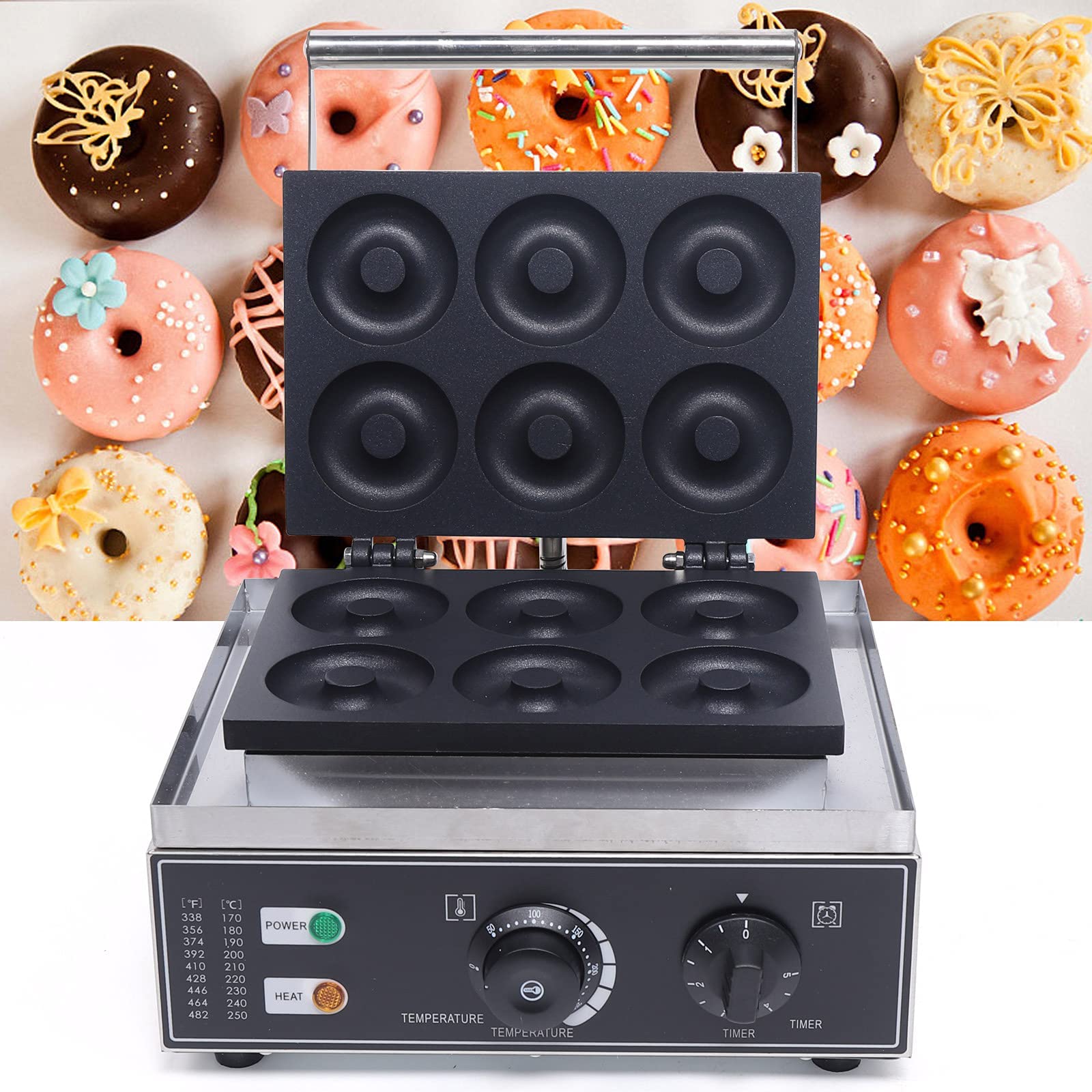 Donut Maker Machine Electric Doughnut Baker Maker Machine 110V Commercial Use Nonstick, Temperature 122-572℉,Commercial Waffle for Restaurant and Home Use (6 Holes Donut Maker)