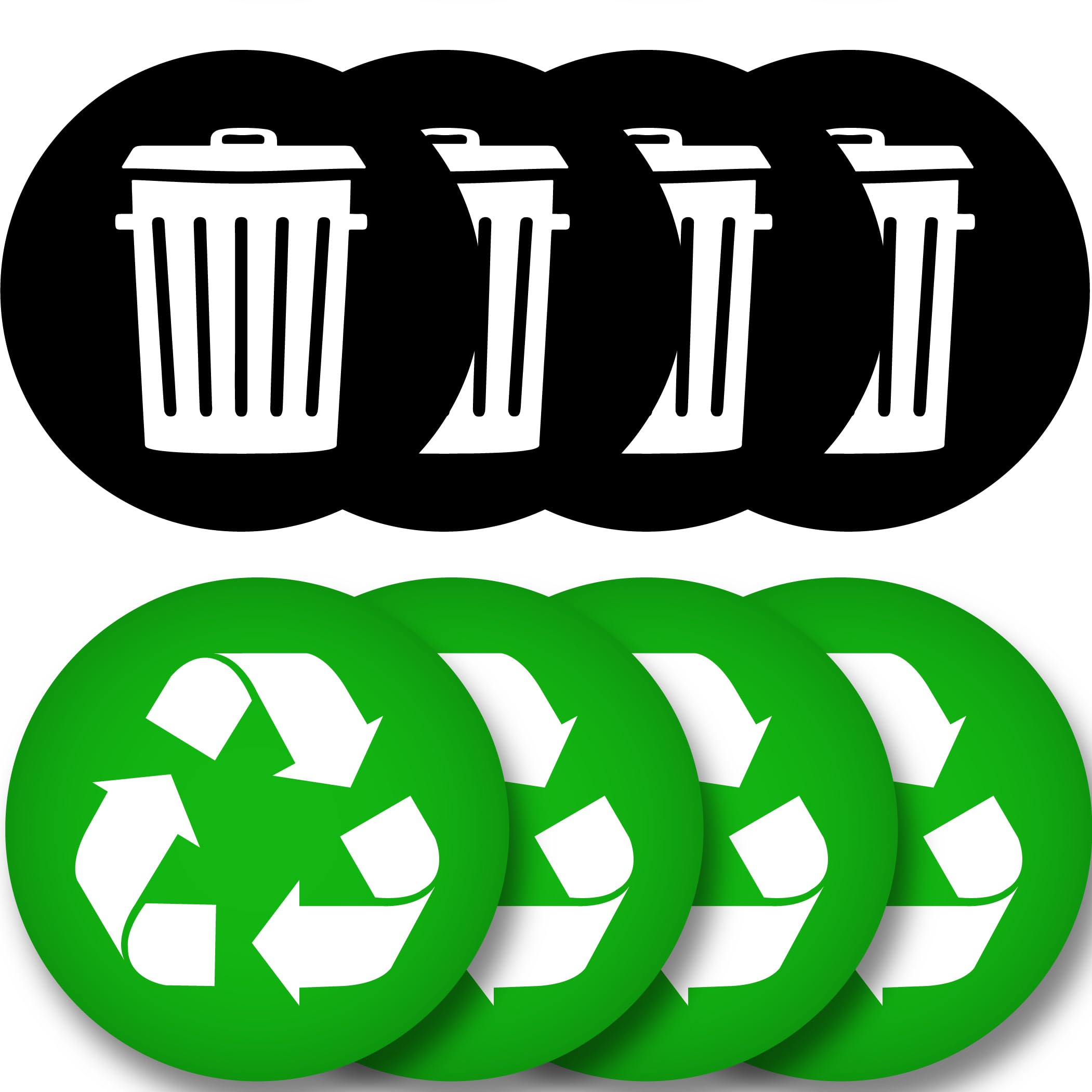 Recycle and Trash Logo Stickers 8 Pack - 2.5in Circle - for Metal or Plastic Garbage cans, and Bins - Indoor & Outdoor - Laminated and UV Protected Premium Decal (Green, XSmall)