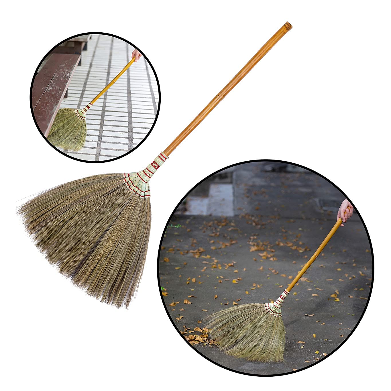 43-44 inch Tall of Asian Straw Broom Thai Natural Grass Broom Witch Broom House Broom Long Broom with Solid Wood Handle Vintage Retro Primitive Sweeping Dirt Dust Garbage