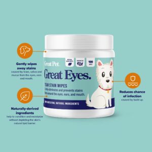 Great Pets - Great Eyes - Safe & Gentle Tear Stain Remover for Dogs - Natural Eye Wipes for Dogs - Made in The USA & Easy to Use Pre-Soaked Wipes - 100 Wipes