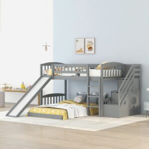 bunk beds with slide twin over twin low bunk bed frame with storage drawers stairway wood bunk bed for kids boys girls, gray