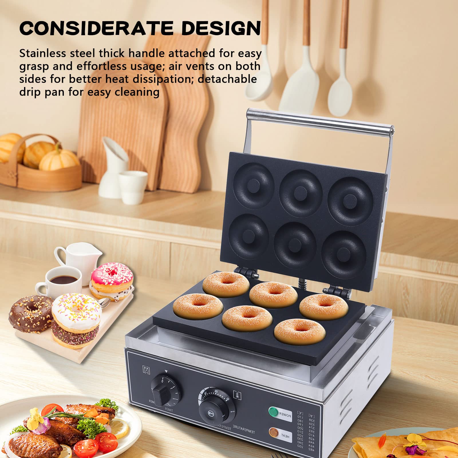 Donut Maker Machine Electric Doughnut Baker Maker Machine 110V Commercial Use Nonstick, Temperature 122-572℉,Commercial Waffle for Restaurant and Home Use (6 Holes Donut Maker)