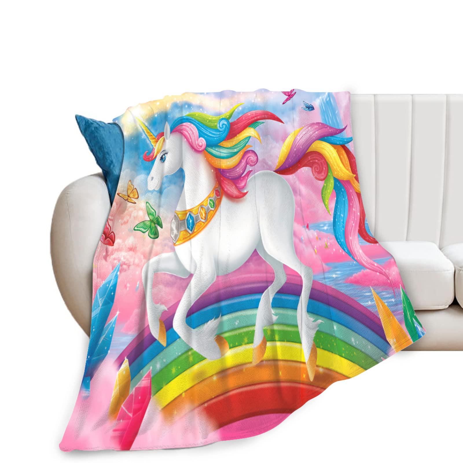 Unicorn Blanket for Girls Cute Cartoon Unicorn Rainbow Pattern Throw Blanket for Kids Unicorn Gifts Lightweight Super Warm Soft Cozy Plush Fleece Flannel Blanket for Women Birthday Gifts Pink 50"X40"