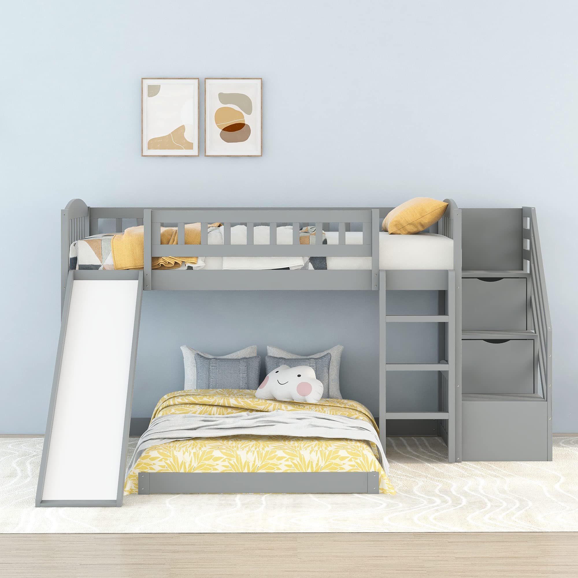 Bunk Beds with Slide Twin Over Twin Low Bunk Bed Frame with Storage Drawers Stairway Wood Bunk Bed for Kids Boys Girls, Gray