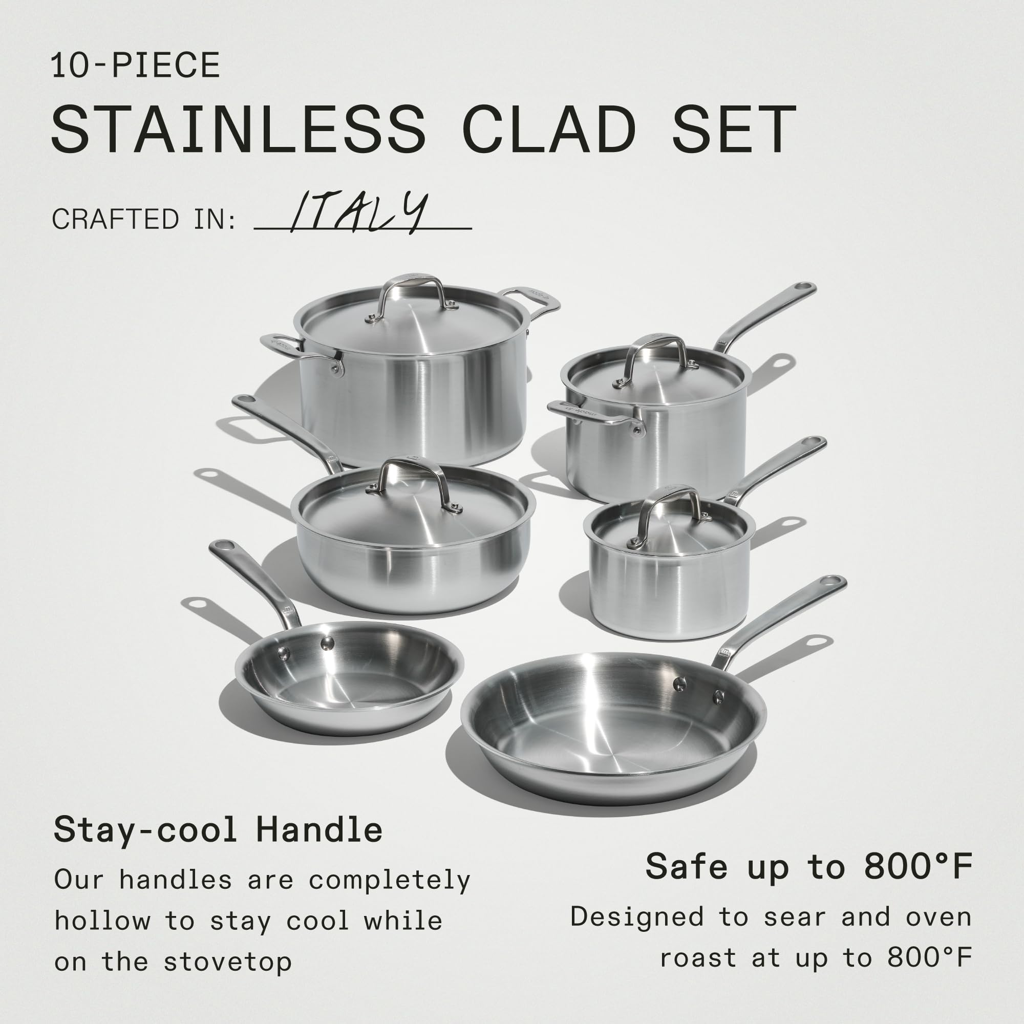 Made In Cookware - 10 Piece Stainless Steel Pot and Pan Set - 5 Ply Clad - Includes Stainless Steel Frying Pans, Saucepans, Saucier and Stock Pot W/Lid - Professional Cookware - Crafted in Italy