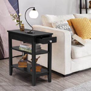 Giantex End Table with Drawer, Narrow Side Table with 2-Tier Open Storage Shelves, Slim Side End Table Compact Nightstand Bedside Table for Living Room Bedroom Small Space, Black