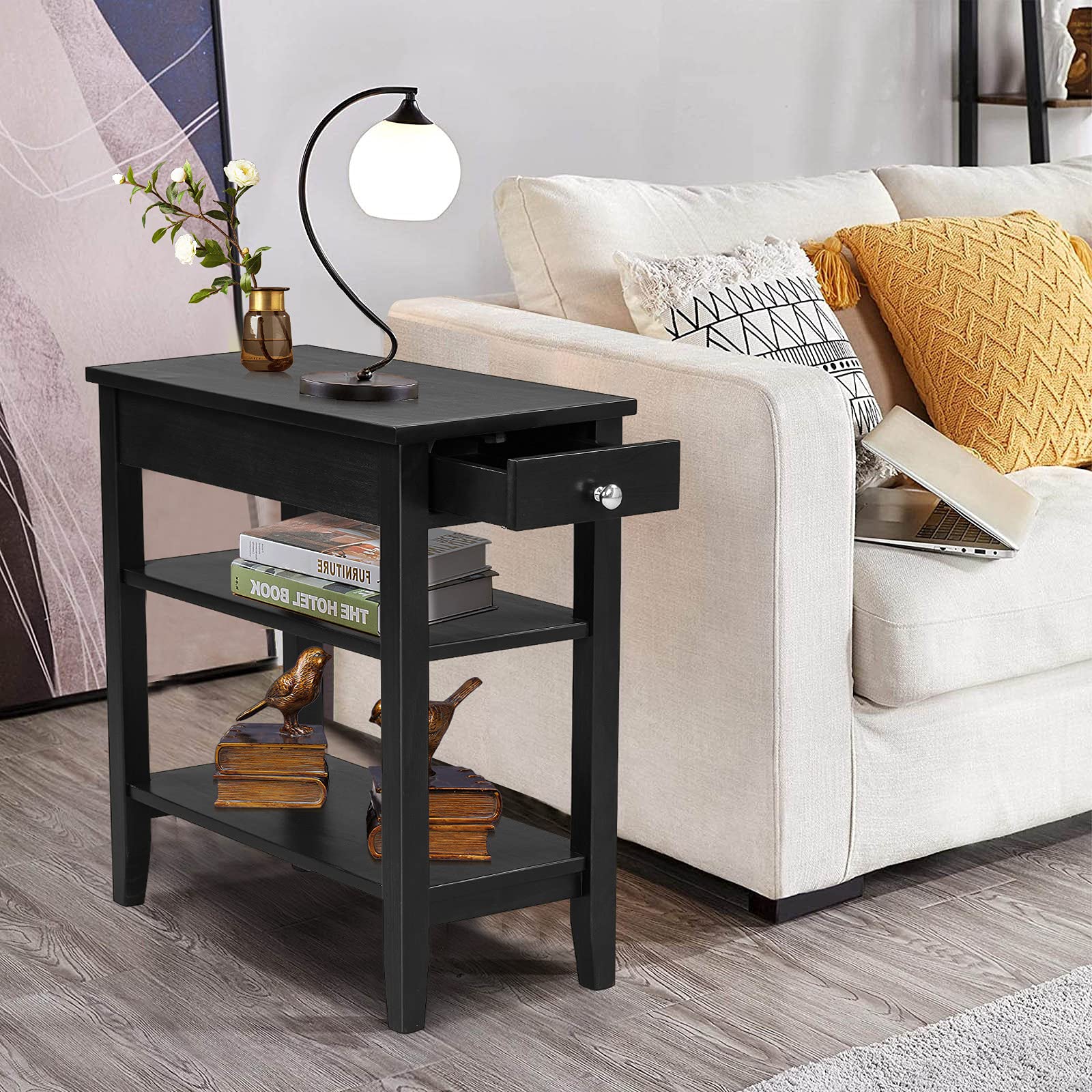 Giantex End Table with Drawer, Narrow Side Table with 2-Tier Open Storage Shelves, Slim Side End Table Compact Nightstand Bedside Table for Living Room Bedroom Small Space, Black