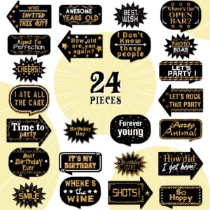 Outus 24 Pieces Photo Props Birthday Photo Booth Props with Stick for Birthday Weddings Graduation Prom New Year Party Supplies Funny Photo Booth Pose Signs Selfie for Men Women(White, Gold)