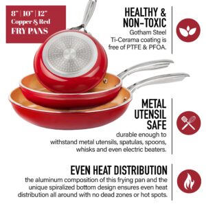 GOTHAM STEEL Frying Pan Set, 3 Piece Nonstick Copper Fry Pans Set, 8”, 10” & 12” Nonstick Frying Pans, Nonstick Skillet Set, Omelet Pan, Cookware, PFOA Free, Dishwasher Safe, Cool Touch Handle - RED