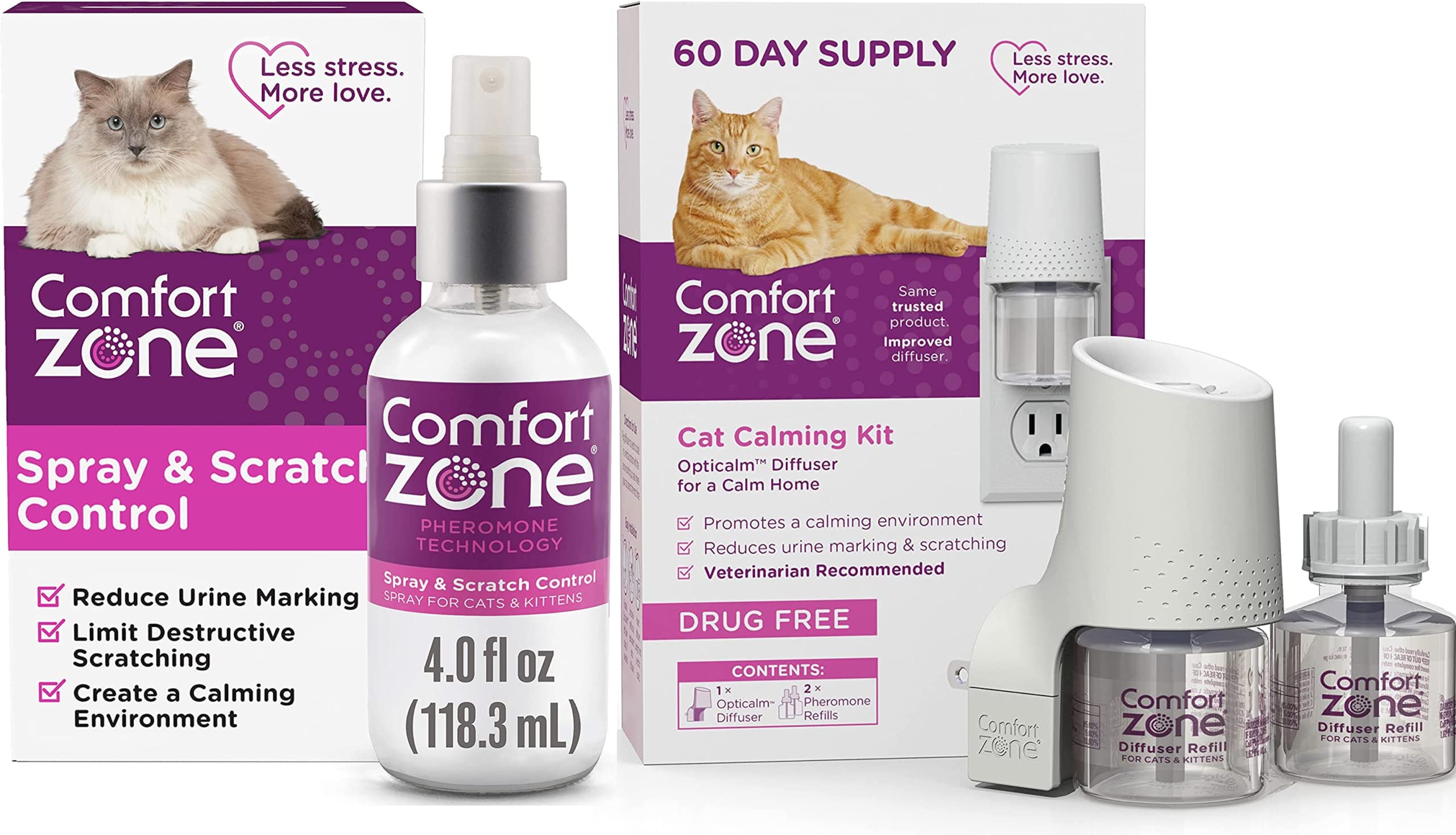 Comfort Zone Cat Calming Spray & Cat Calming Pheromone Diffuser Kit - 1 Diffuser Plus 2 Refill