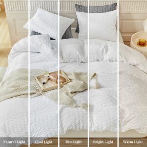 WARMDERN Duvet Cover Set Queen Size, 3pcs Washed Microfiber White Bedding Set, Soft Breathable Striped Textured Seersucker Duvet Cover with Zipper Closure & Corner Ties(White, Queen)