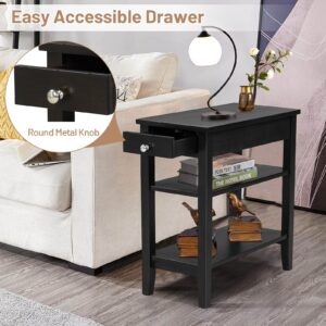 Giantex End Table with Drawer, Narrow Side Table with 2-Tier Open Storage Shelves, Slim Side End Table Compact Nightstand Bedside Table for Living Room Bedroom Small Space, Black