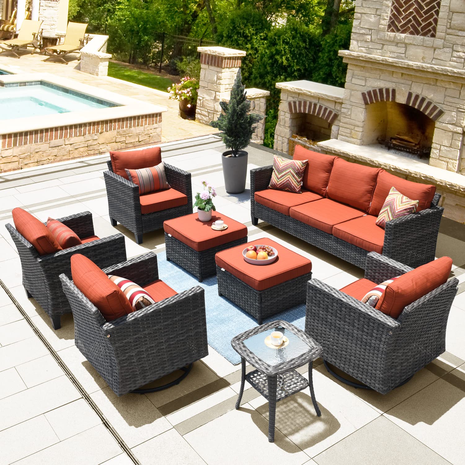 ovios 8 Piece Patio Furniture Set, Outdoor Wicker Sofa Couch with Swivel Rocking Chairs and Comfy Cushions, High Back Rattan Conversation Set, Orange Red