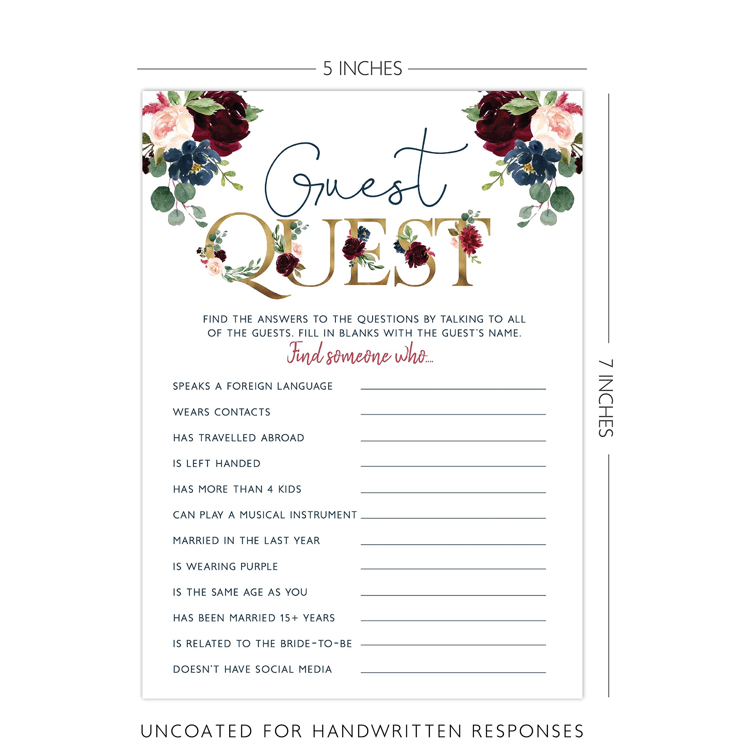 Your Main Event Prints Navy Burgundy Bridal Shower Bachelorette Games - Floral, He Said She Said, Find The Guest, Would She Rather, What's In Your Phone - 25 Games Each, Printed Front and Back, One Game Per Side