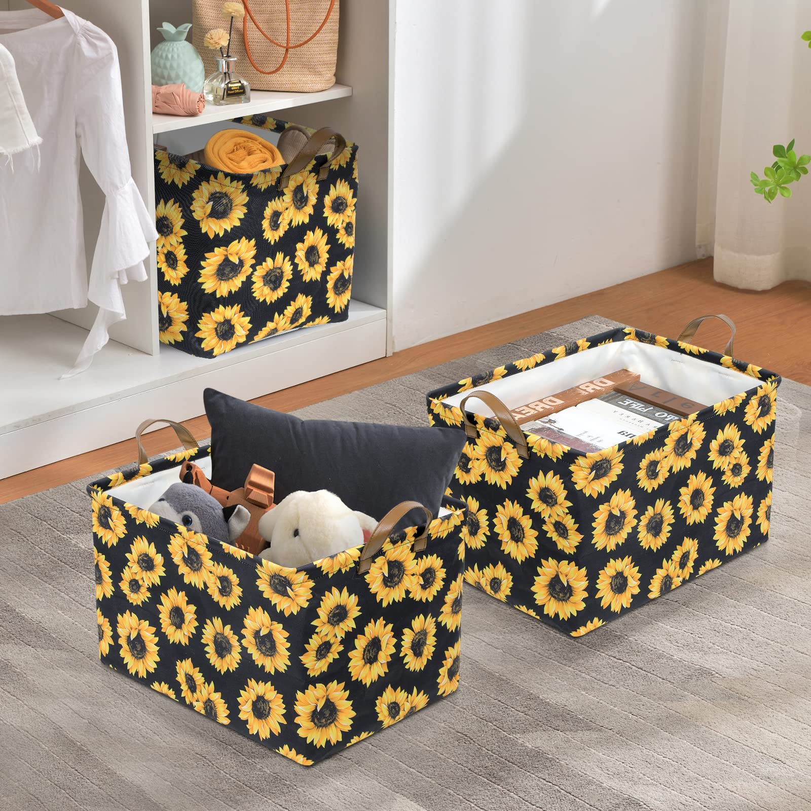 Sunflowers Storage Bin Basket Collapsible with Leather Handles Waterproof Canvas Storage Cube Box for Closet Toys Clothes Nursery Room Gift Basket