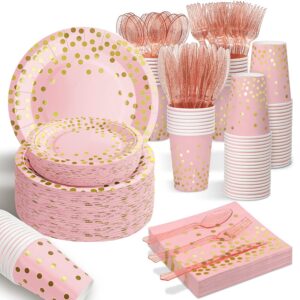 175pcs pink rose gold plates napkins party supplies, severs 25 disposable party pink plates, plastic forks knives spoons, golden dot paper plates, napkins cups for baby shower decorations pink party