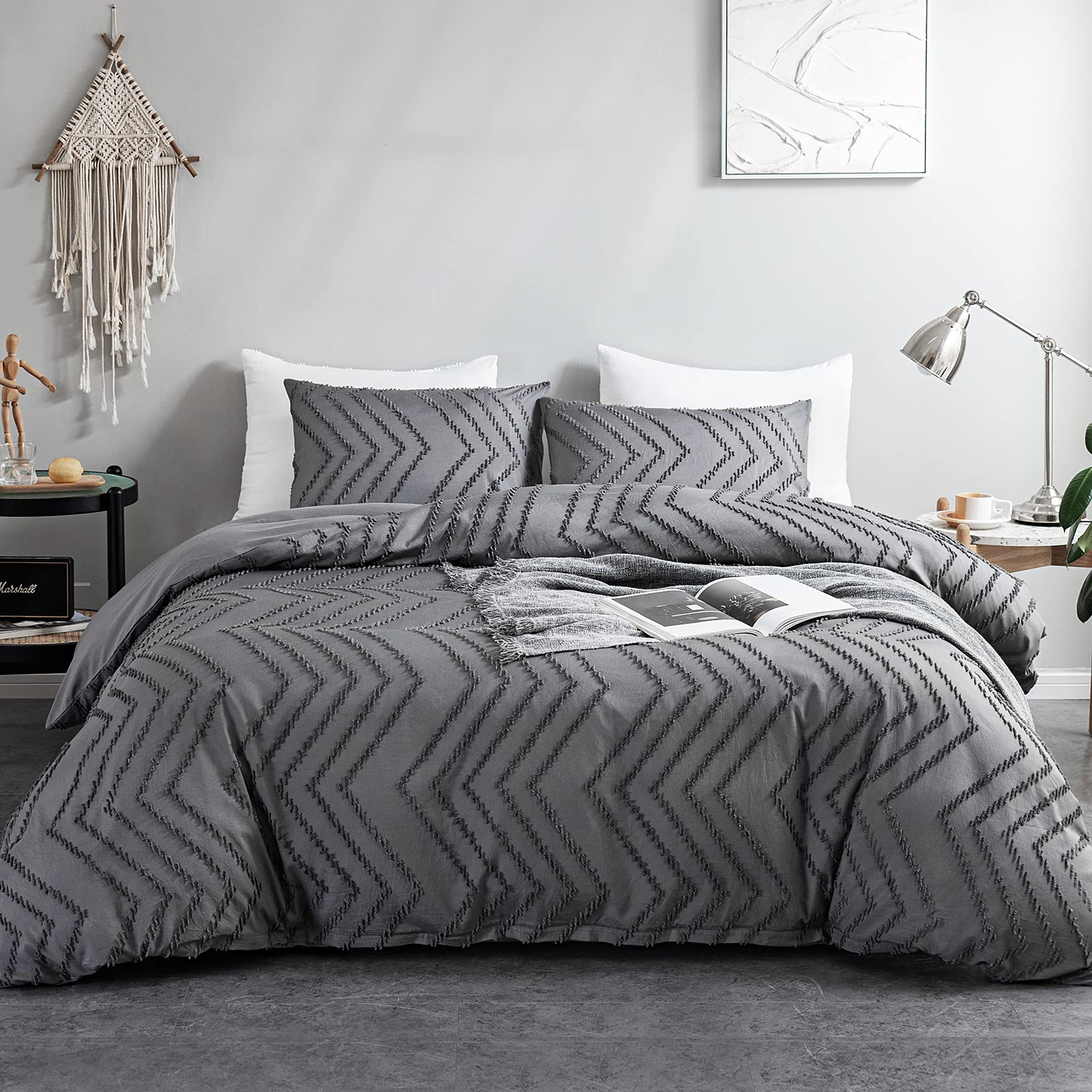 WARMDERN Boho Duvet Cover Set, Tufted Bedding Duvet Covers Soft Washed Microfiber Duvet Cover Twin Size, 2 Pieces Embroidery Shabby Chic Duvet Cover with Zipper Closure(Grey, Twin)