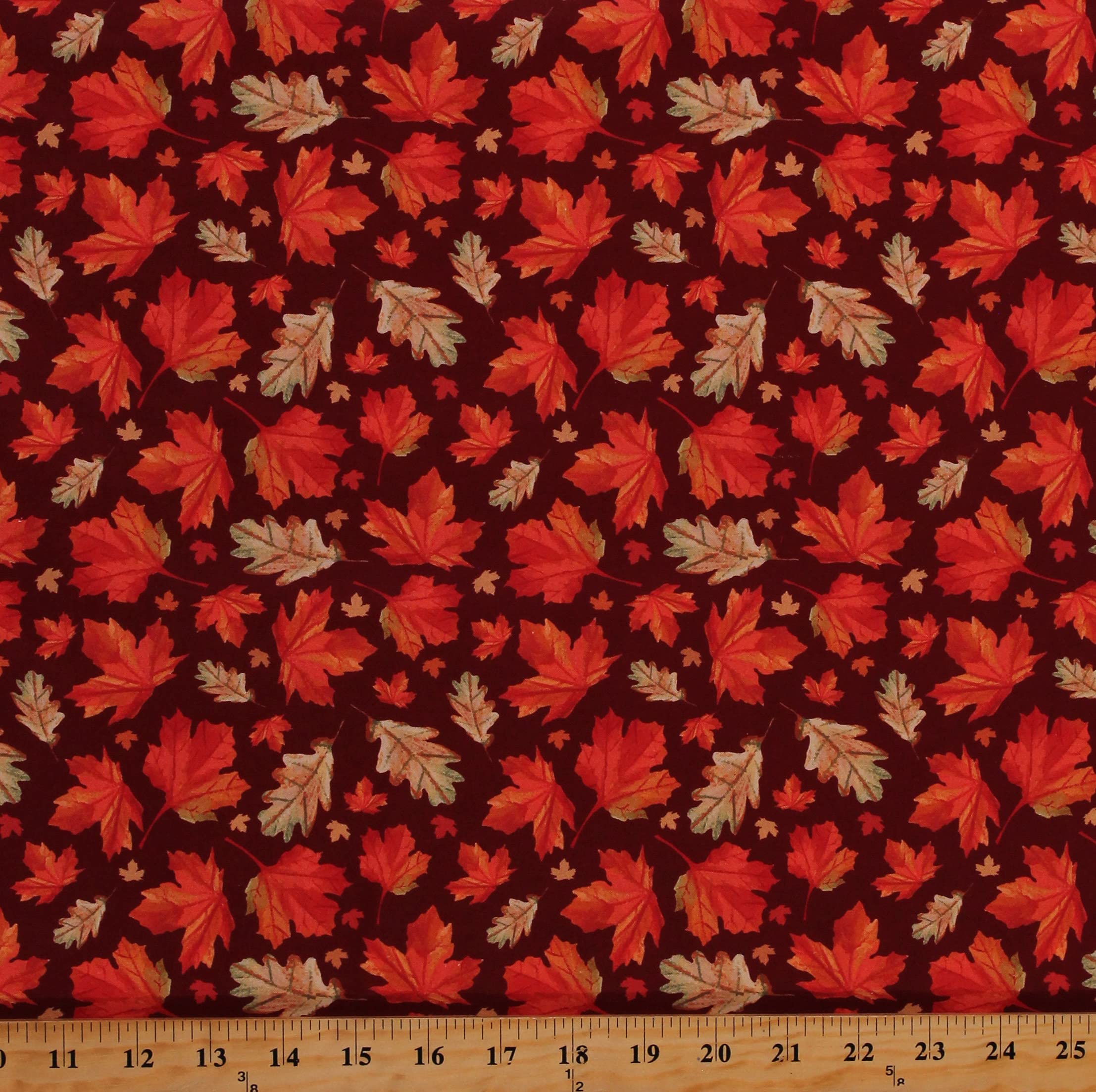 Fields Cotton Seasonal Fall Leaves Autumn Pumpkins Thanksgiving Multicolor Cotton Fabric Print by The Yard (D509.33), Burgundy, 44 inch