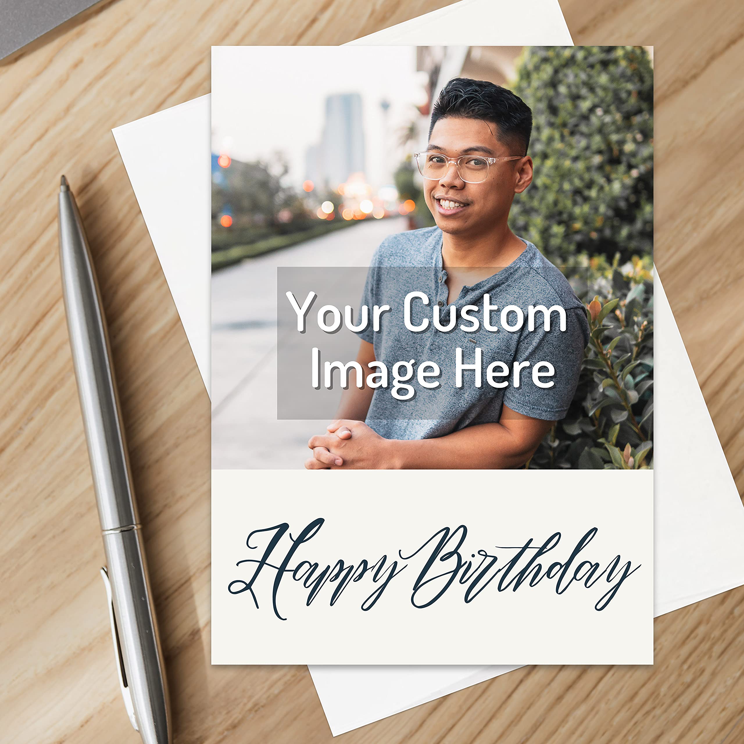 Simply Uncaged Christian Gifts Personalized Happy Birthday Card Custom Your Photo Image Upload Your Text Greeting Card (Single Card)