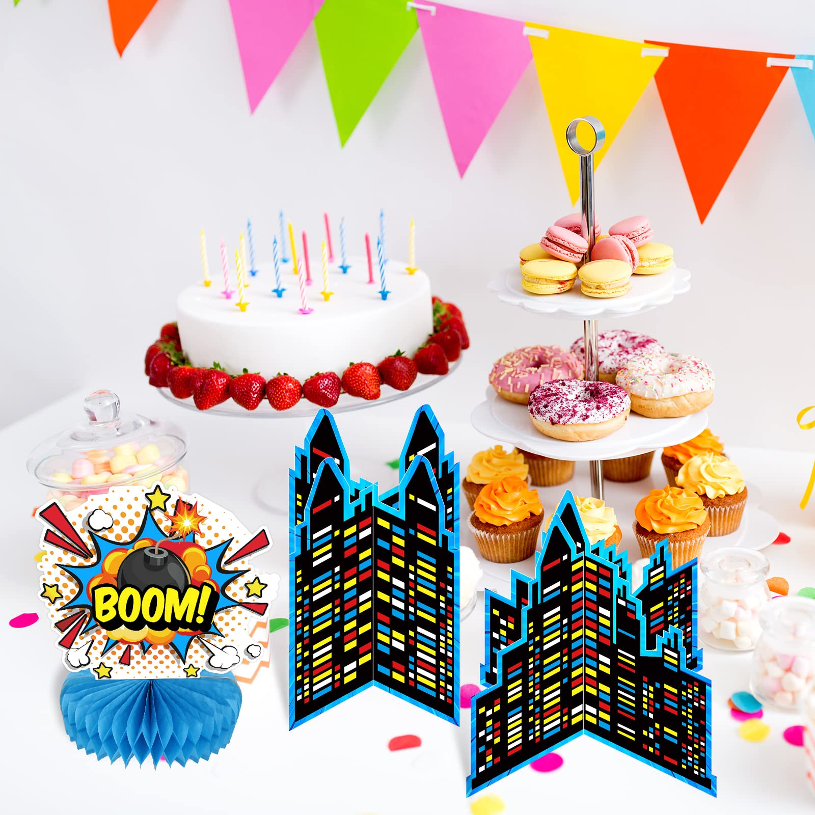 Set of 10 Hero Themed Party Decoration hero Honeycomb Centerpieces Hero Action Sign Table Centerpiece Fun Hero Theme Party Table Topper Decor for Happy Birthday Baby Shower Party Supplies Favor