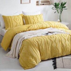 WARMDERN Boho Duvet Cover Set, Tufted Bedding Duvet Covers Soft Washed Microfiber Duvet Cover King Size, 3 Pieces Embroidery Shabby Chic Duvet Cover with Zipper Closure(Yellow, King)