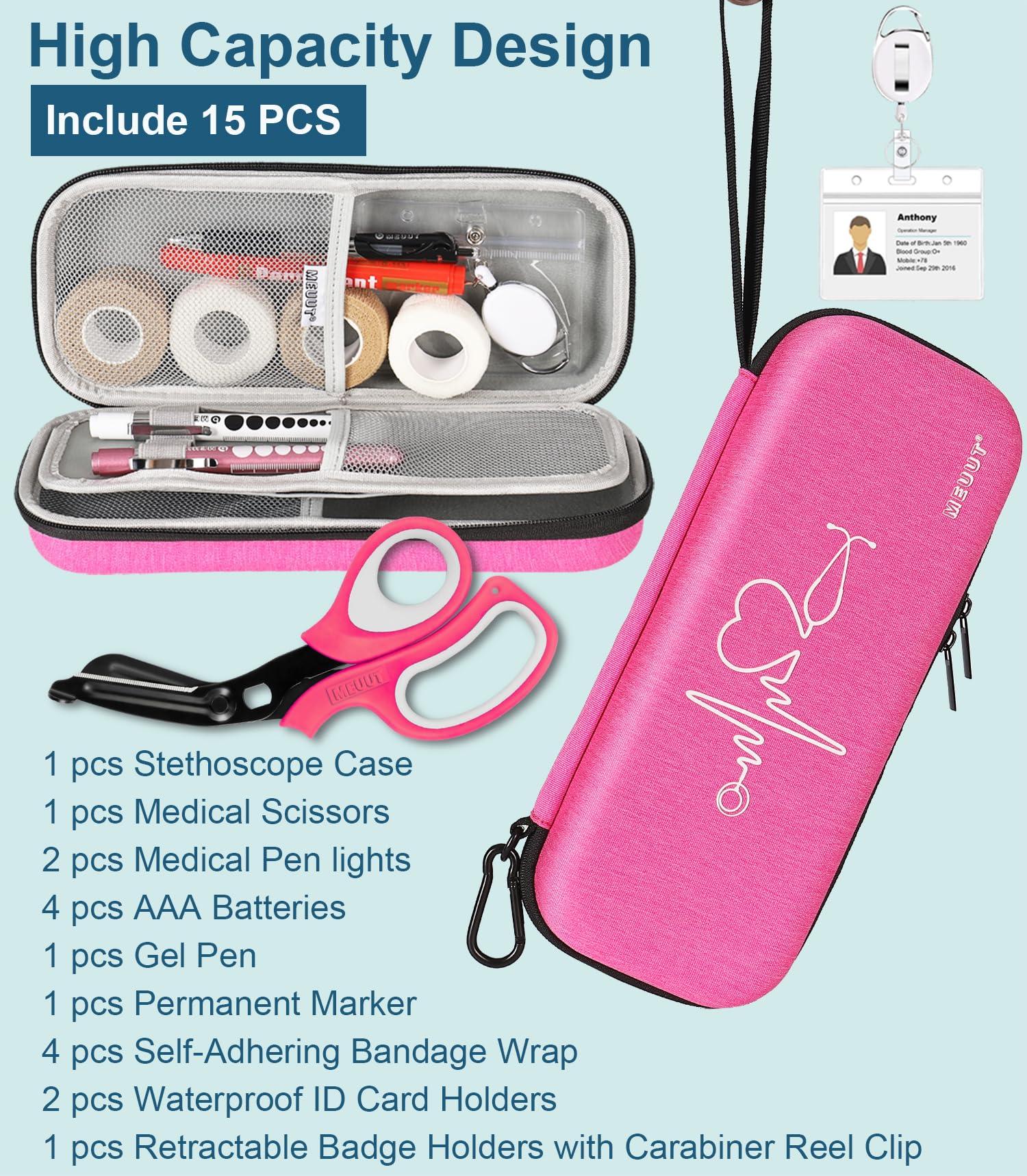 MEUUT 15 pcs Stethoscope Case Kit, Perfect Nurse Gift Include Stethoscope Case, Medical Scissors, Penlights with Batteries, Bandage Wraps, Badge Holders for Nurse Accessories for Work