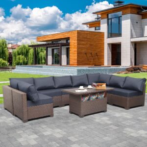 valita 9-piece patio rattan furniture set with storage table outdoor sectional conversation couch brown pe wicker sofa with washable navy blue cushions