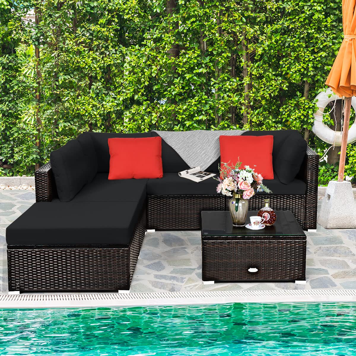 Tangkula 6 Piece Patio Furniture Set, Outdoor Deck Lawn Backyard Durable Steel Frame PE Rattan Wicker Sectional Sofa Set, Conversation Set with Coffee Table (Black)