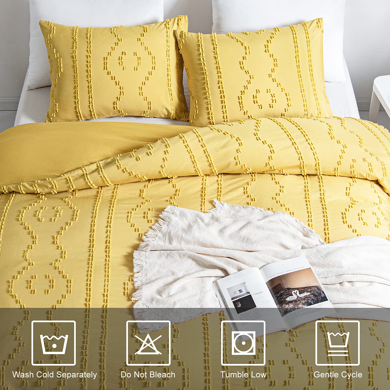 WARMDERN Boho Duvet Cover Set, Tufted Bedding Duvet Covers Soft Washed Microfiber Duvet Cover King Size, 3 Pieces Embroidery Shabby Chic Duvet Cover with Zipper Closure(Yellow, King)