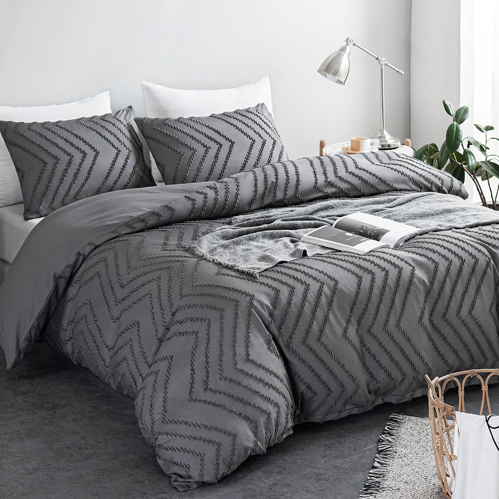 WARMDERN Boho Duvet Cover Set, Tufted Bedding Duvet Covers Soft Washed Microfiber Duvet Cover Twin Size, 2 Pieces Embroidery Shabby Chic Duvet Cover with Zipper Closure(Grey, Twin)